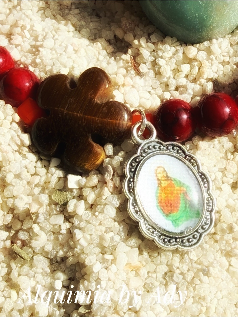 TIGER EYE FLOWER  Beaded Bracelet with Red TURQUOISE + Sagrado Corazón ♥️